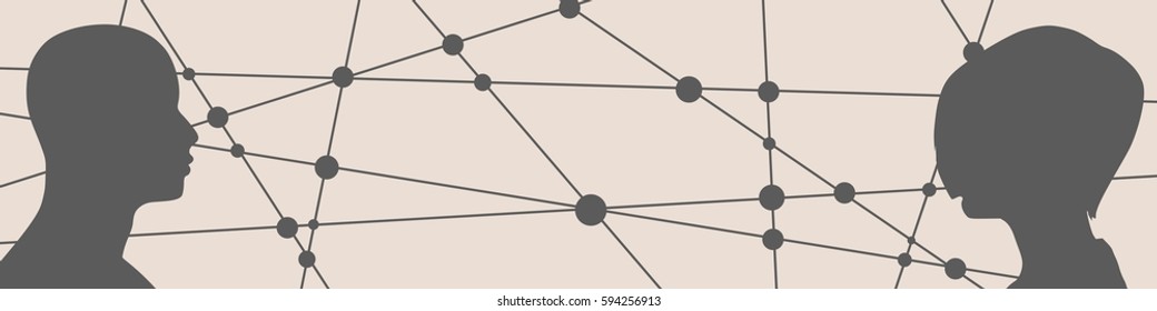Silhouette of a man and woman head. Mental health relative brochure, report or flyer design template. Scientific medical designs. Human communication. Connected lines with dots.