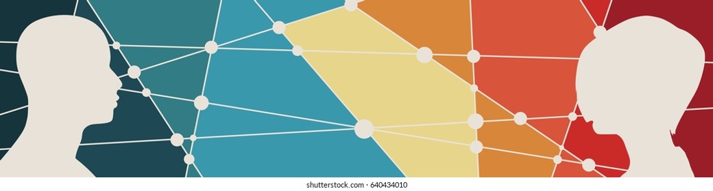 Silhouette of a man and woman head. Mental health relative brochure, report or flyer design template. Scientific medical designs. Human communication. Connected lines with dots.
