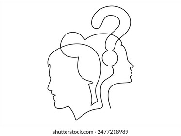 Silhouette of man and woman head with question mark, symbolizing psychological processes of understanding.