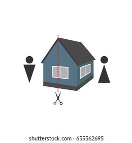 Silhouette of a man and a woman, a house and a dotted line for a cut - concept of separation of property after a divorce