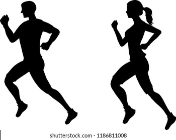 Silhouette Man and Woman Jogging, running man , runner woman - Vector Illustration