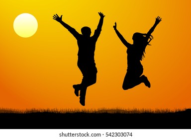 Silhouette of a Man and woman in a jump at sunset. Vector illustration