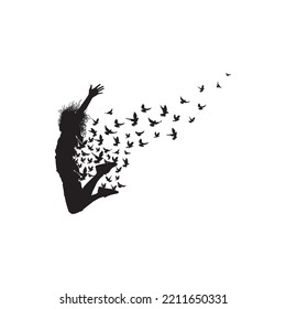 Silhouette of man or woman jumping with birds flying on white background vector illustration