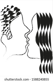 Silhouette of man and woman kissing.