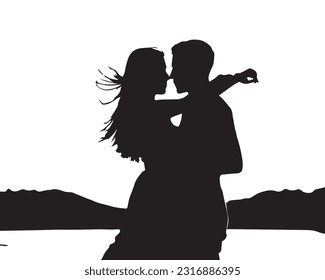 
A silhouette of a man and woman kissing