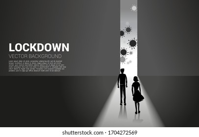 Silhouette of man and woman lock down inside building from virus outside . Concept of city lock down social distancing and isolation.