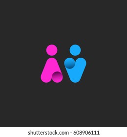 Silhouette of a man and a woman logo, abstract blue and pink figures of people for a public toilet sign mockup, restroom icon