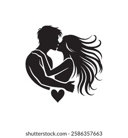 Silhouette of a man and woman with long hair kissing. Handmade couple silhouette.