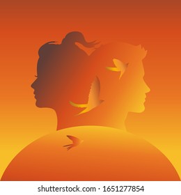 Silhouette of a man and a woman on a background of the sun