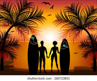 Silhouette of man and woman on the background of a tropical landscape. Surfing. Just Married.