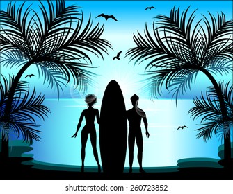 Silhouette of man and woman on the background of a tropical landscape. Surfing. Just Married.