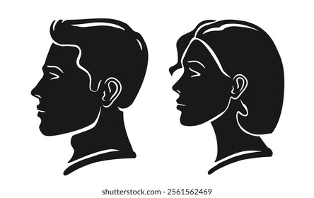 Silhouette man and woman portrait in profile. Male and female head logo symbol