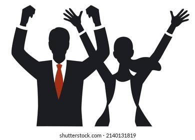 Silhouette of the man and woman to raise both hands