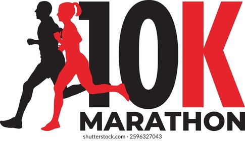 Silhouette of a man and woman running a 10K marathon - vector logo design - vector illustration - Powered by Shutterstock - Get 15% off with code: PIKWIZARD15
