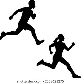 Silhouette of a man and woman running