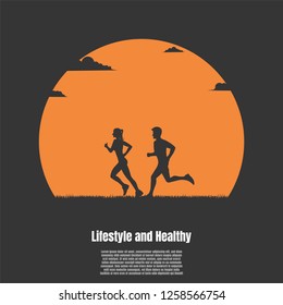 Silhouette man and woman running exercising the outdoors park with the sun background, Healthy concept, Illustration vector flat