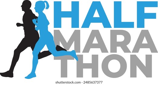 Silueta de un hombre y una mujer corriendo una media maratón - diseño del logotipo del Vector