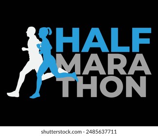 Silhouette of a man and woman running a half marathon black background - vector logo design