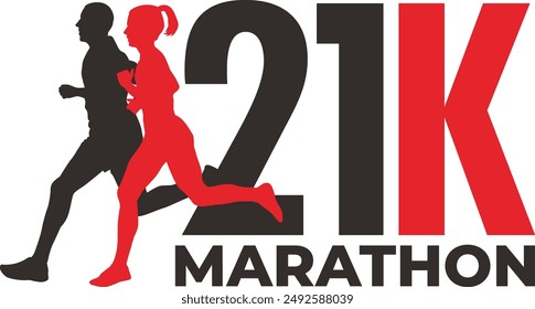 Silueta de un hombre y una mujer corriendo una media maratón - diseño del logotipo del Vector