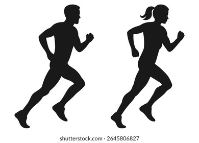 Silhouette of man and woman running side by side, symbolizing fitness, healthy lifestyle, exercise, marathon training, and active sports activity design. Vector illustration. EPS 10