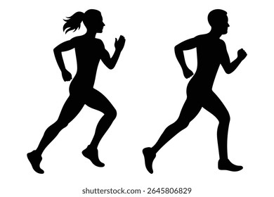 Silhouette of man and woman running side by side, symbolizing fitness, healthy lifestyle, exercise, marathon training, and active sports activity design. Vector illustration. EPS 10