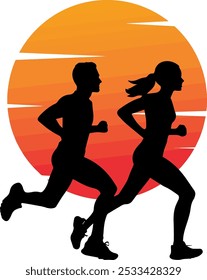 Silhouette of a Man and Woman Running Together Against a Vibrant Sunset, Representing Fitness, Healthy Lifestyle, and Outdoor Activity, Perfect for Sports and Wellness-themed Visuals.