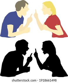 Silhouette of a man and woman shouting at each other in dispute. Vector illustration.