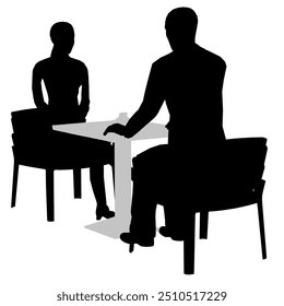 silhouette of man and woman sitting on chairs opposite each other at the table. Job interview. Vector illustration.