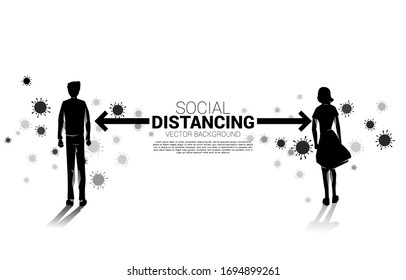 Silhouette of man and woman standing with distance for avoid virus. Concept of social distancing and isolation.