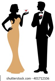 Silhouette of man and woman standing in full length holding a cocktail in her hand Stock vector illustration