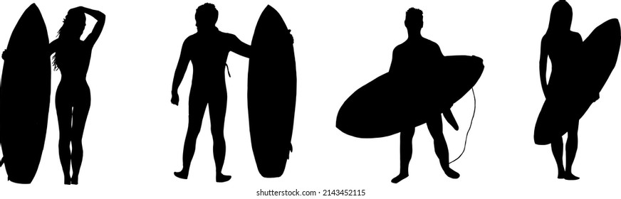 Silhouette of man and woman surfer with surfboard isolated on white background. Black and white sport illustration. 