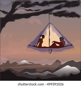 silhouette of a man a woman in a tent suspended from a tree branch on a mountain sunrise of modern art abstract creative vector illustration