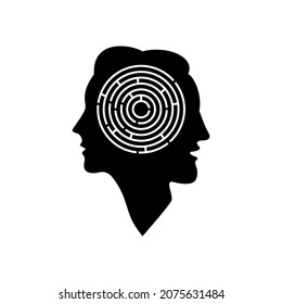 Silhouette of man and woman together with maze inside. Psychology and relationships theme. Vector template. Isolated clipart and illustration on white background.