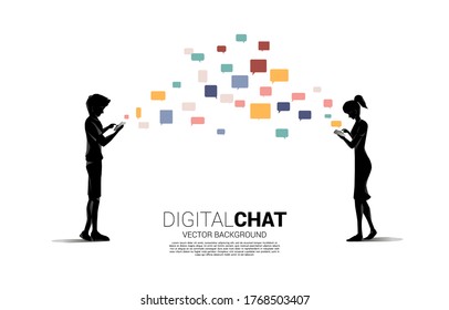 Silhouette of man and woman use chat in mobile phone. Concept for mobile chat application and digital life.