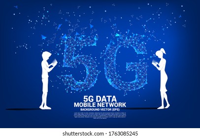 Silhouette of man and woman use mobile phone with 5G futuristic polygon dot connect line background. Concept for remote work from home and technology.
