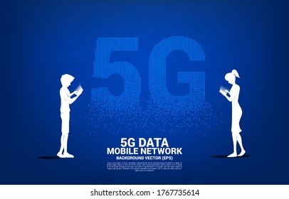 Silhouette of man and woman use mobile phone with 5G futuristic pixel transform background. Concept for remote work from home and technology.