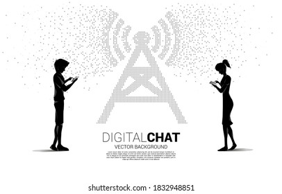 Silhouette of man and woman use mobile phone with antenna tower icon pixel transform style. Concept for data transfer of mobile and wi-fi data network.