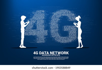 Silhouette of man and woman use mobile phone with 4G mobile networking with one and zero binary code digit matrix style. Concept for mobile sim card technology and network.