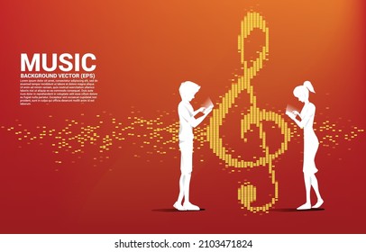 Silhouette of man and woman use mobile phone standing with Sol key note icon Sound wave Music Equalizer background. background for streaming and digital music.