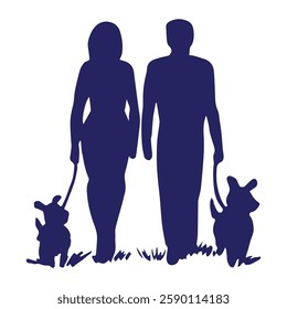 a silhouette of a man and a woman walking dogs