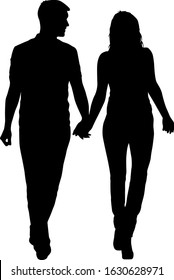Silhouette man and woman walking hand in hand