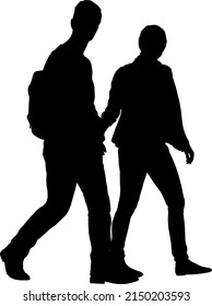 Silhouette man and woman walking hand in hand.
