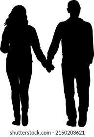 Silhouette man and woman walking hand in hand.