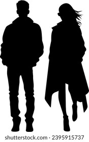 Silhouette man and woman walking hand in hand.