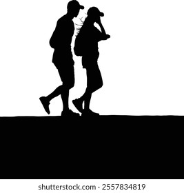 Silhouette of a man and woman walking side by side, each wearing a cap and carrying a backpack, set against a white background.