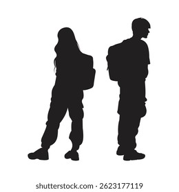 Silhouette of man and woman wearing school backpack