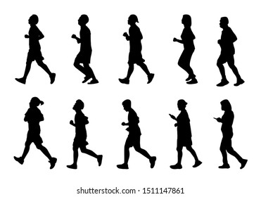 Silhouette man and women running, Black people run on white background, Isolate marathon vector