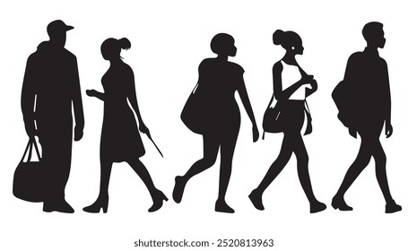 Silhouette man and women walking various poses collection.Vector illustration