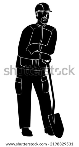 Silhouette of man in work clothes and hard hat stands leaning on shovel, isolated on white. Vector design element.