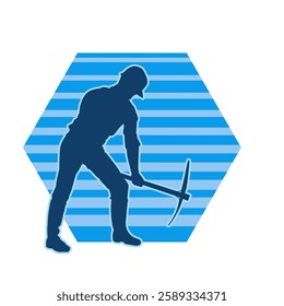 Silhouette of a man in worker costume carrying pick axe tool in action pose. Silhouette of a miner in action pose with pick axe tool.